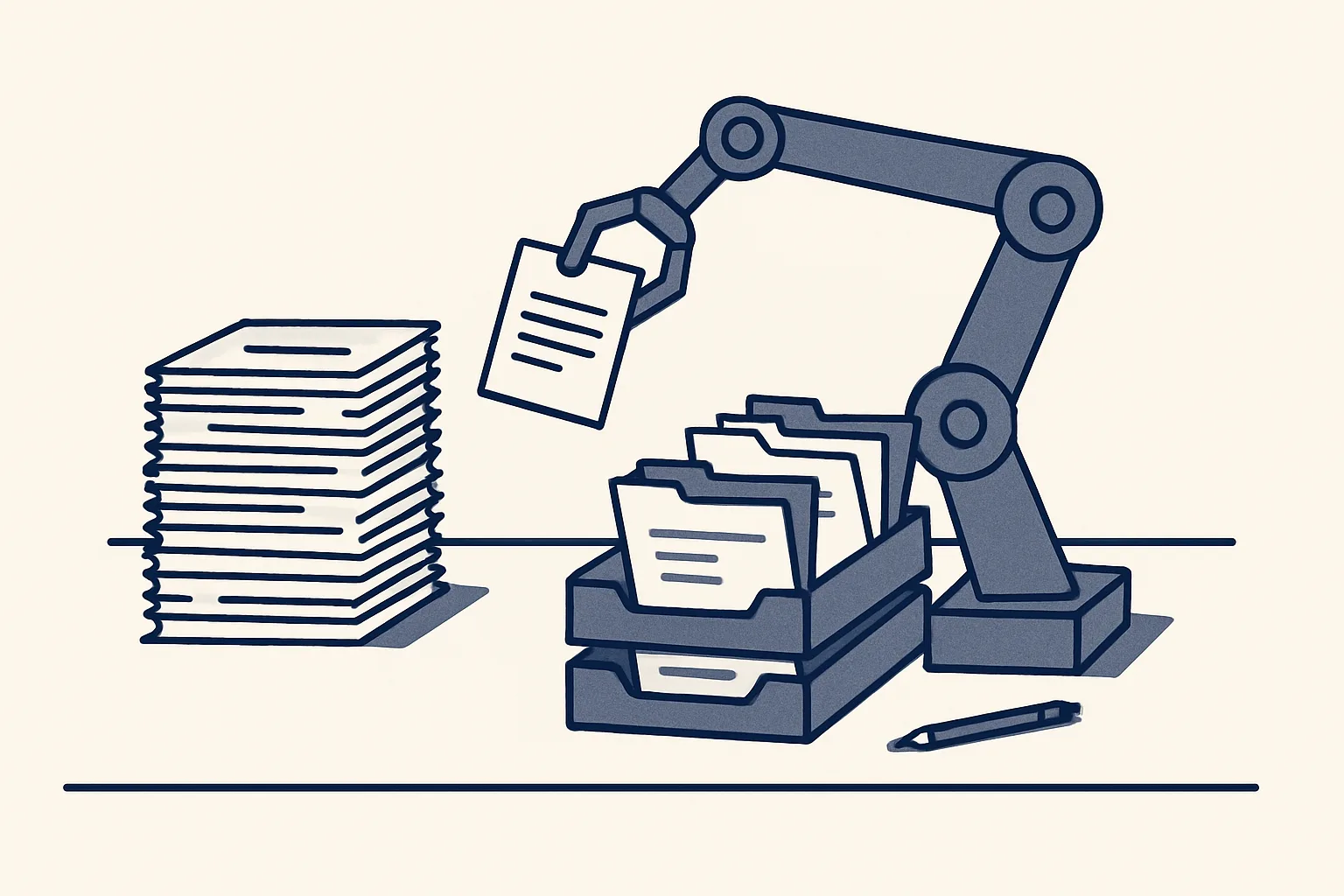 A desk where a simple robot arm sorts a stack of mixed paperwork into labelled draft folders, each folder waiting in a tray for a person's tick.
