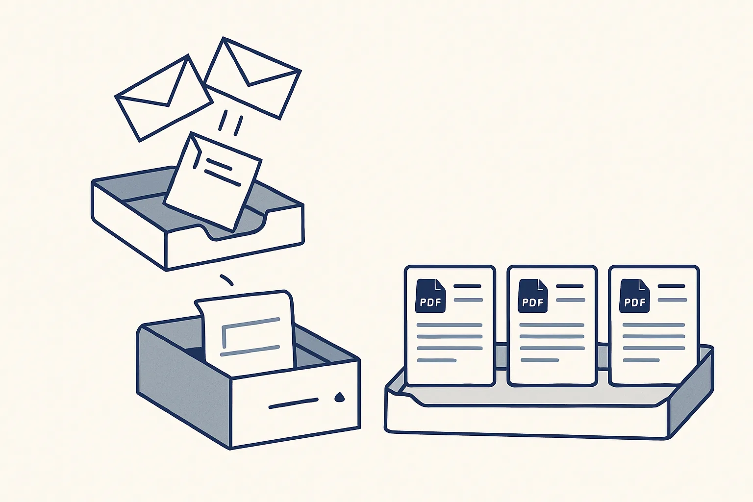 Supplier invoice envelopes dropping from an inbox into a reader that produces neat draft bill cards, each with a clipped PDF, waiting in an approval tray.