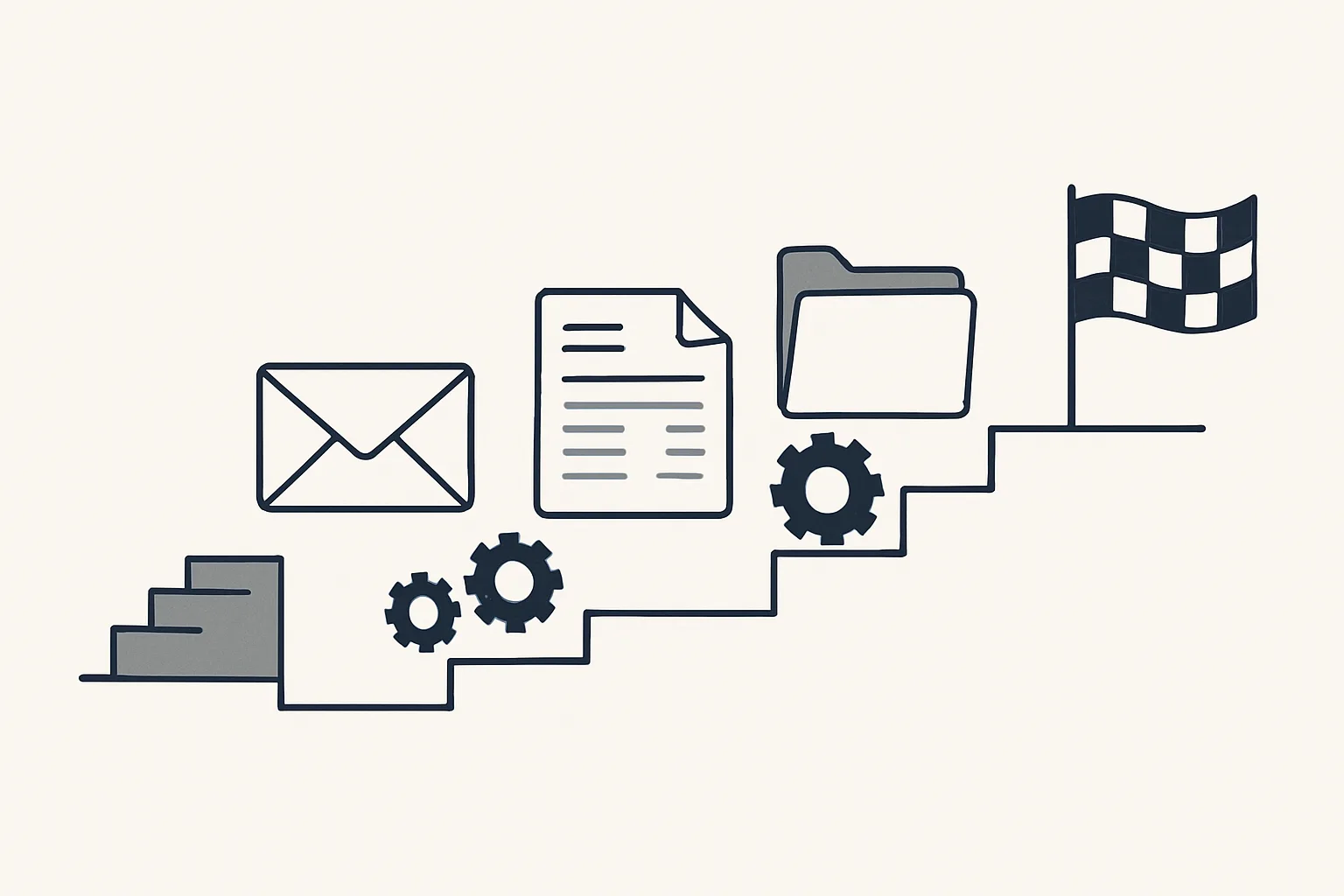 A horizontal line of office steps, an envelope, an invoice, a folder and a ledger, with small gears turning between them and a checkpoint flag before the final step.