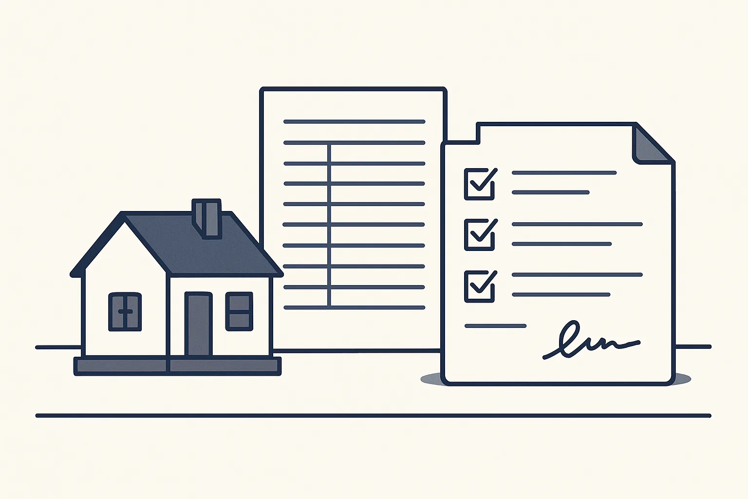A small house model on a desk beside an enquiry register list, a document checklist with some items ticked and a signed contract folder.