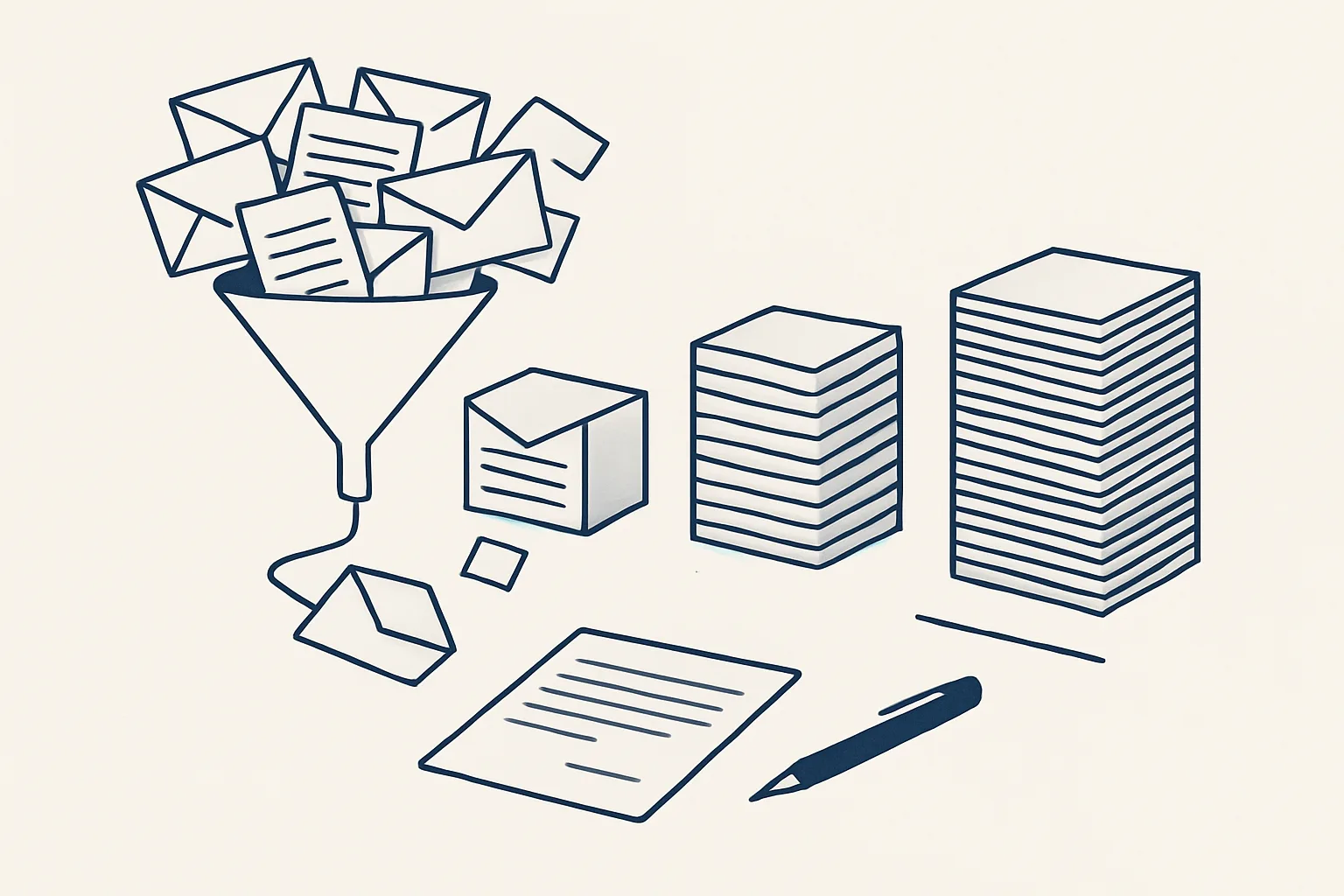 An overflowing inbox funnel resolving into three neat stacks, urgent, waiting for reply and newsletters, with a draft reply card and a pen beside it.
