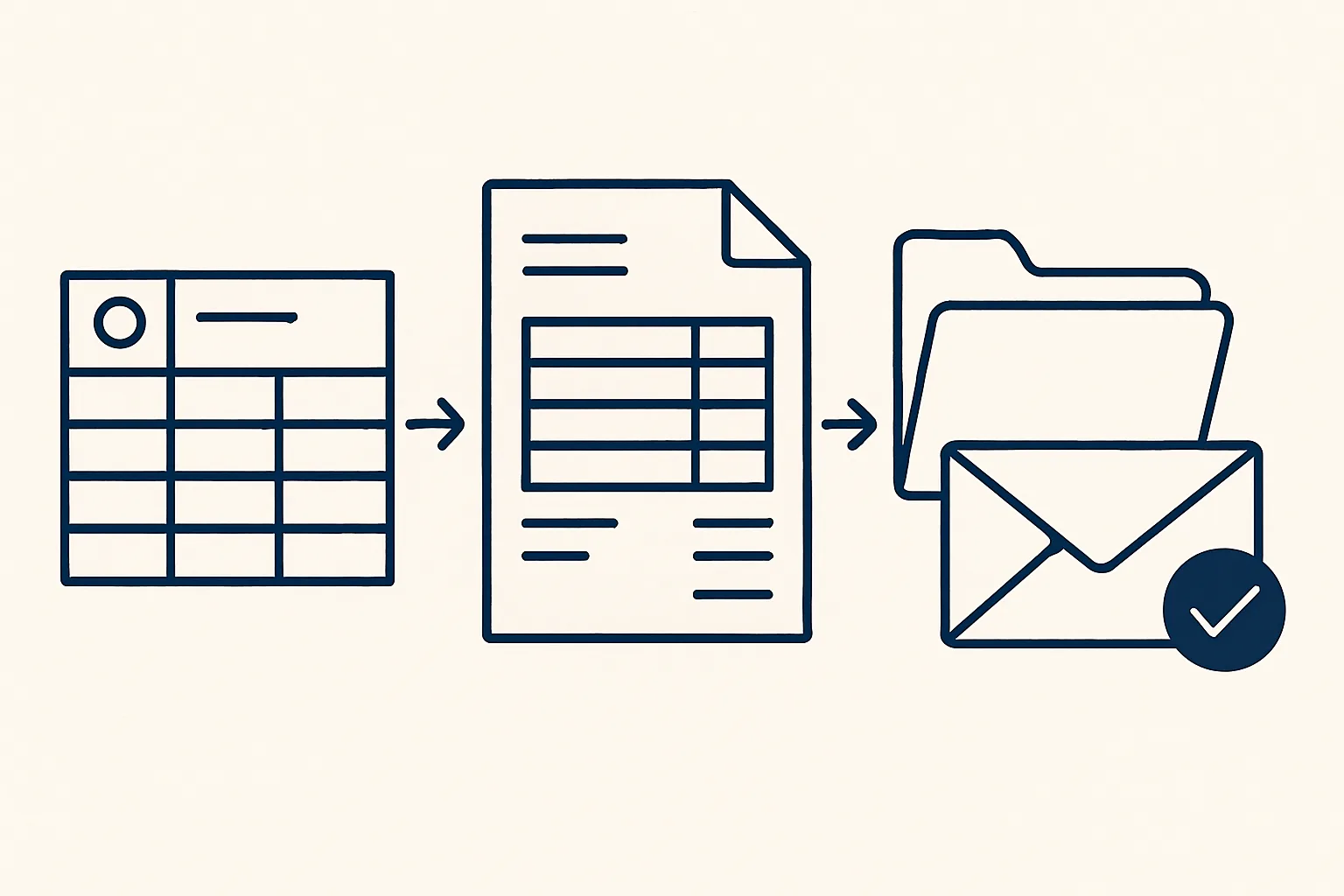 A spreadsheet row of client and product cells turning into a clean invoice PDF, a filed folder and a draft email envelope, each waiting for a tick.