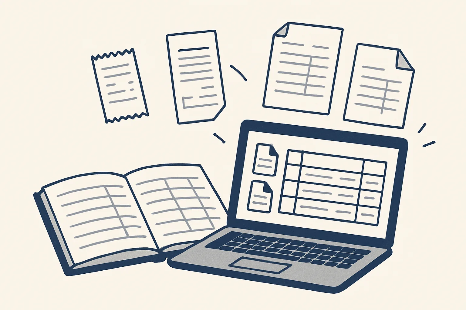 An open ledger book beside a laptop where receipts and invoices float into tidy draft entry rows, each with a PDF clipped to it.