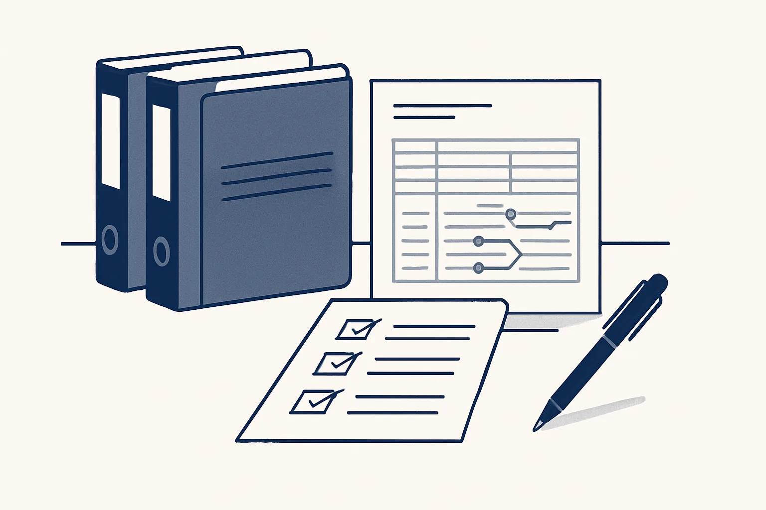 An accountant's desk with client folders, a bank statement showing suggested match lines and a pen resting over an approval checklist.