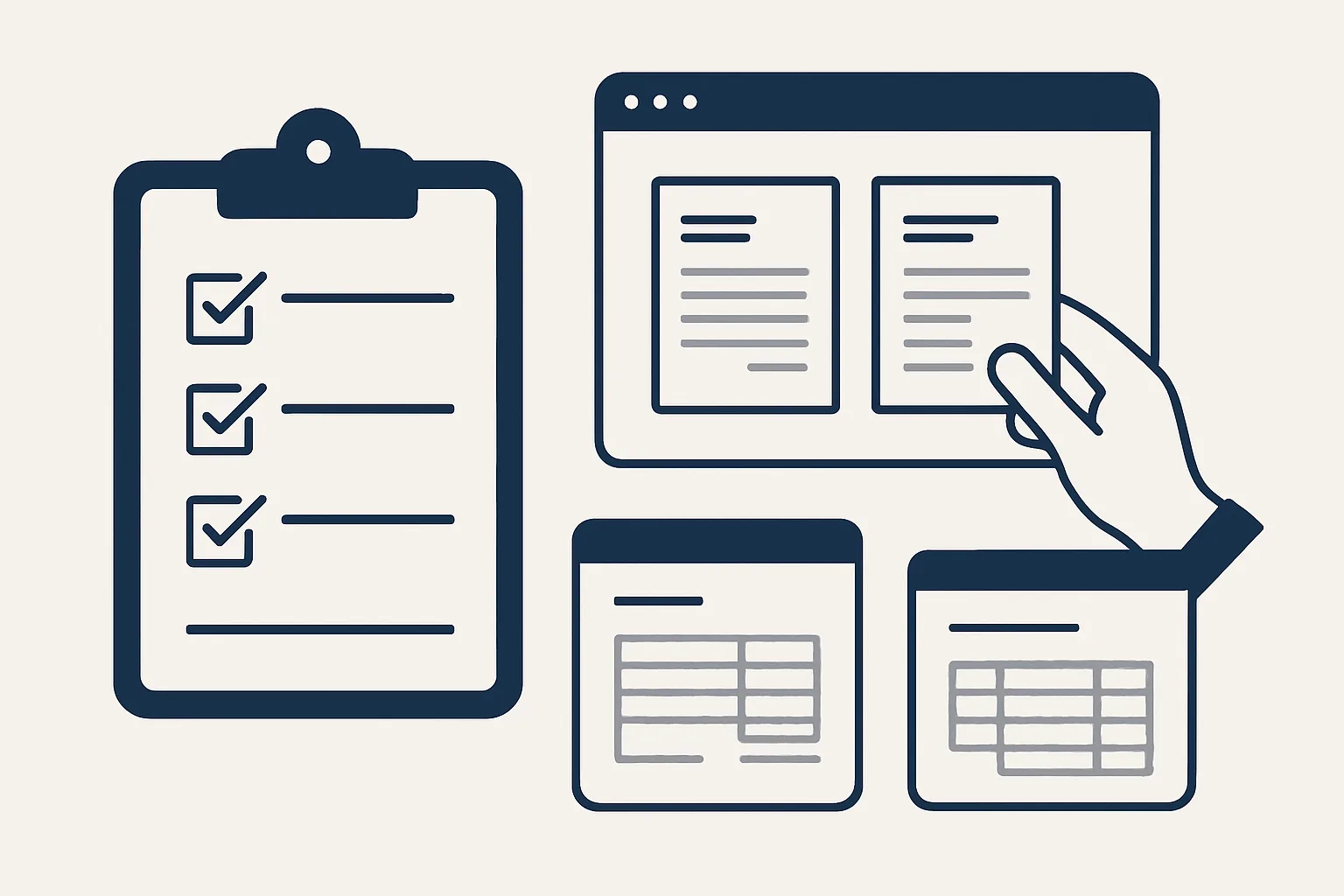 A checklist clipboard beside three simple software window frames, one of them showing invoice thumbnails being sorted into piles.