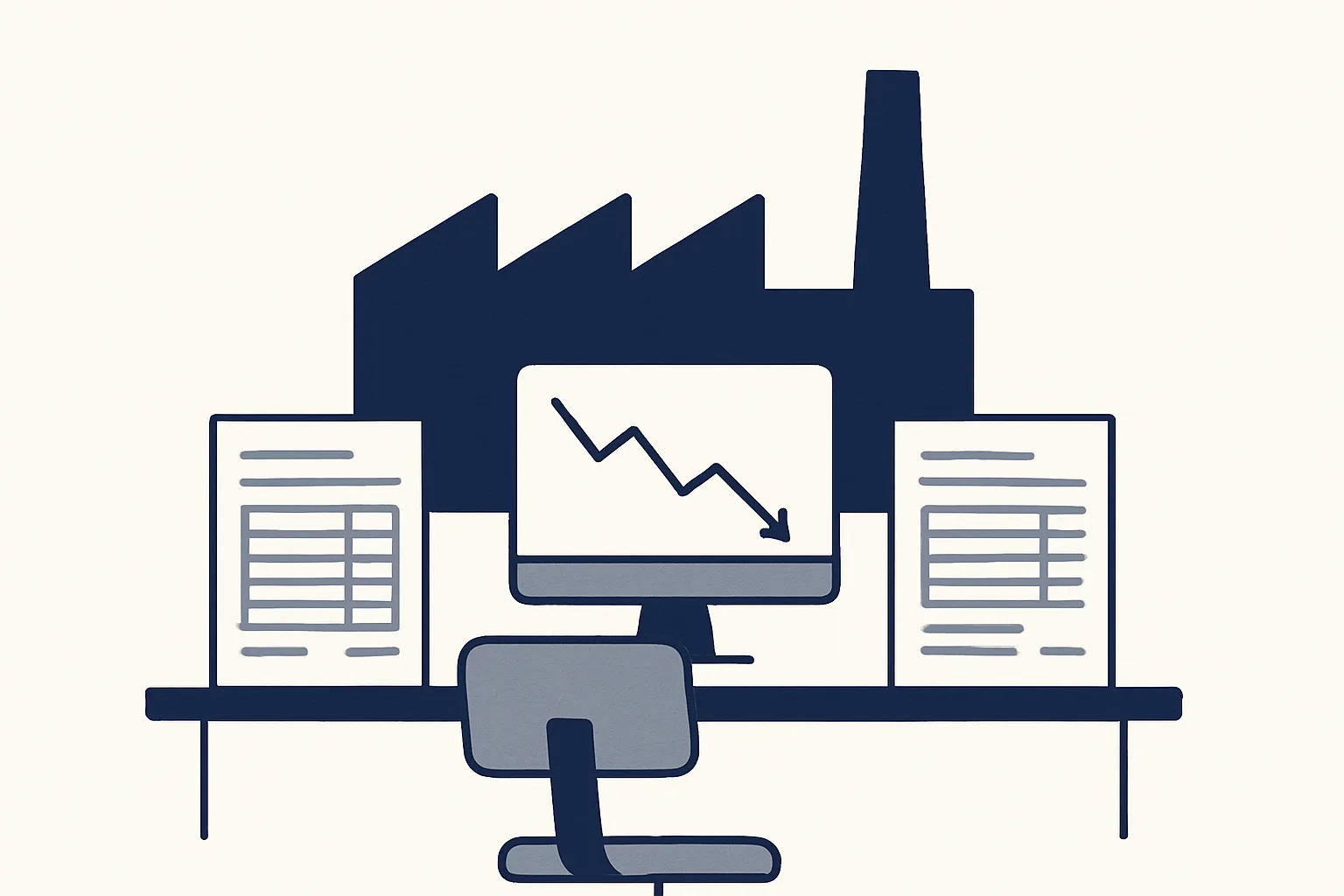 A simple factory outline in the background and an office desk in front holding purchase orders, a price chart and delivery notes.