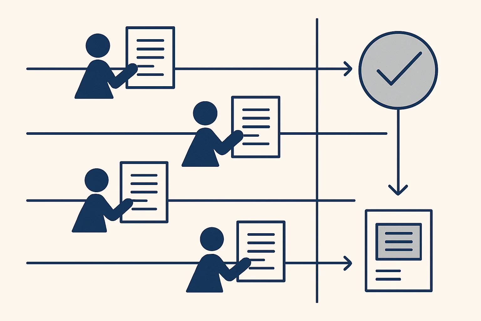An office workflow board with several small geometric agent icons, each carrying a document card along its own lane toward one approval checkpoint.