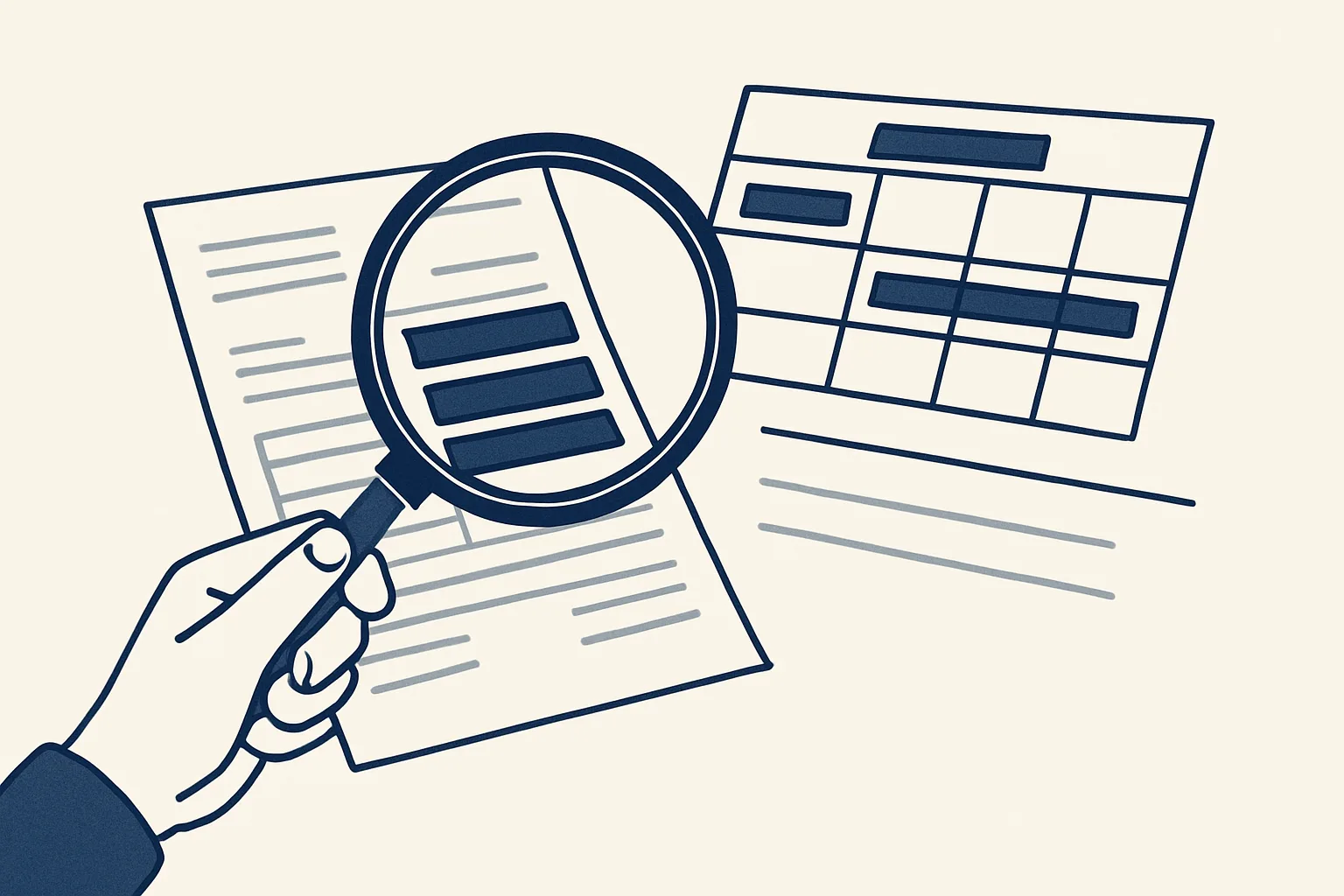 A scanned delivery note under a magnifying lens, with highlighted fields lifting off the page into a clean table.
