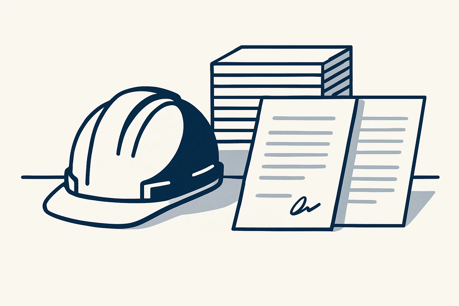 Un casco da cantiere appoggiato su una scrivania accanto a pile di documenti di trasporto, un foglio di preventivo e un documento di variante firmato.