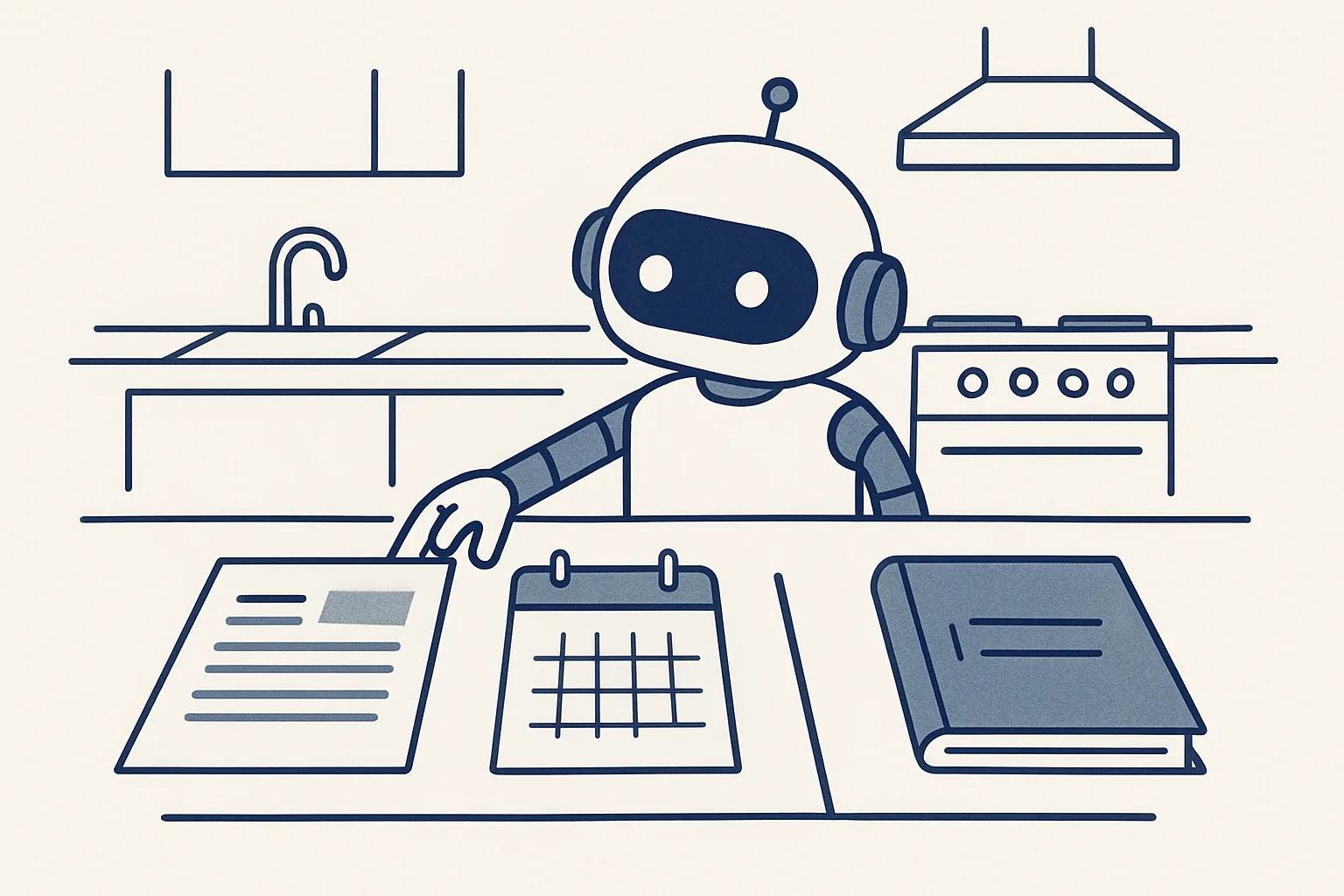 A kitchen table where household bills, a calendar and an insurance folder are arranged by a small assistant robot into a timeline of renewals.