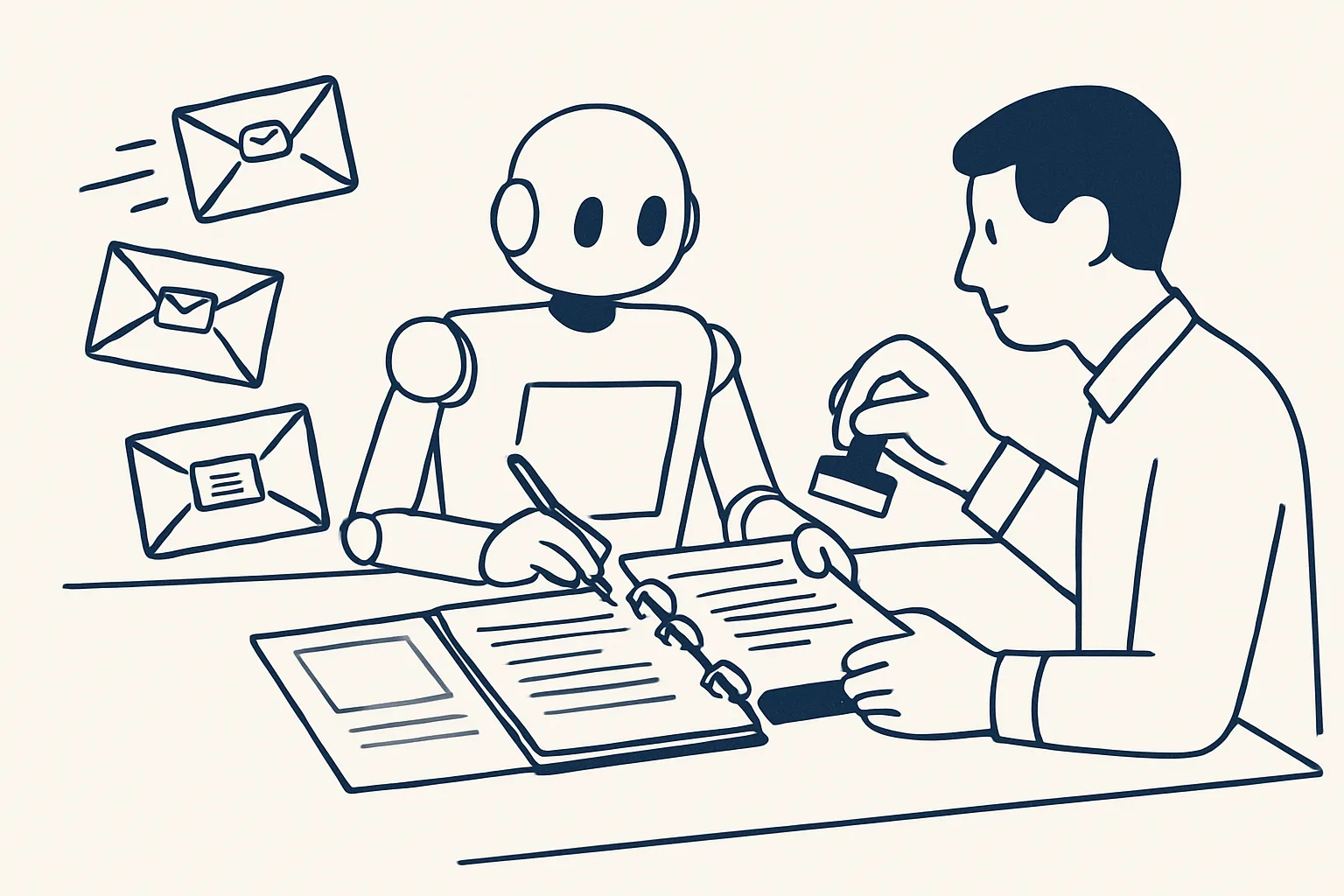 Customer email envelopes arriving at a desk where a robot prepares draft reply cards from a binder of past answers while a person holds the send stamp.
