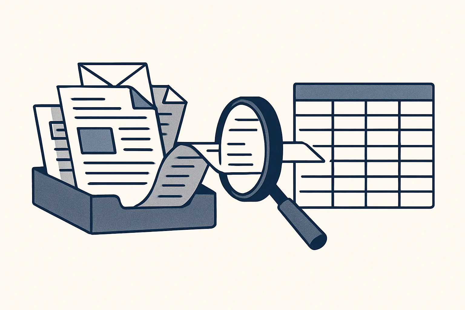 An inbox tray of mixed emails and scanned papers passing through a lens-shaped reader and coming out as orderly rows on a spreadsheet.
