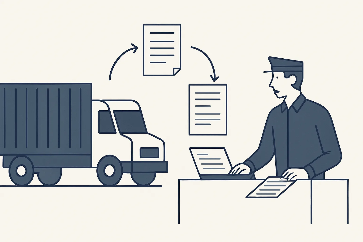 A truck and a container on one side and a register table on the other, with delivery notes and customs forms linking the two.