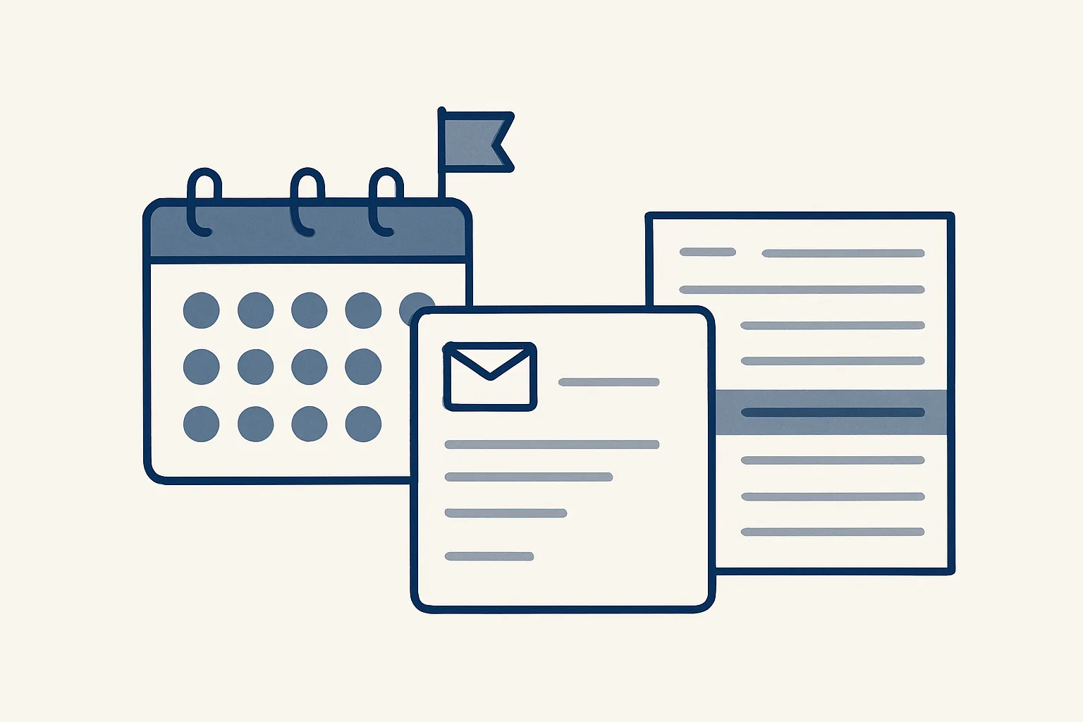 Un calendario con una piccola bandierina di promemoria accanto a una breve scheda di email in bozza e a un registro con una riga evidenziata.
