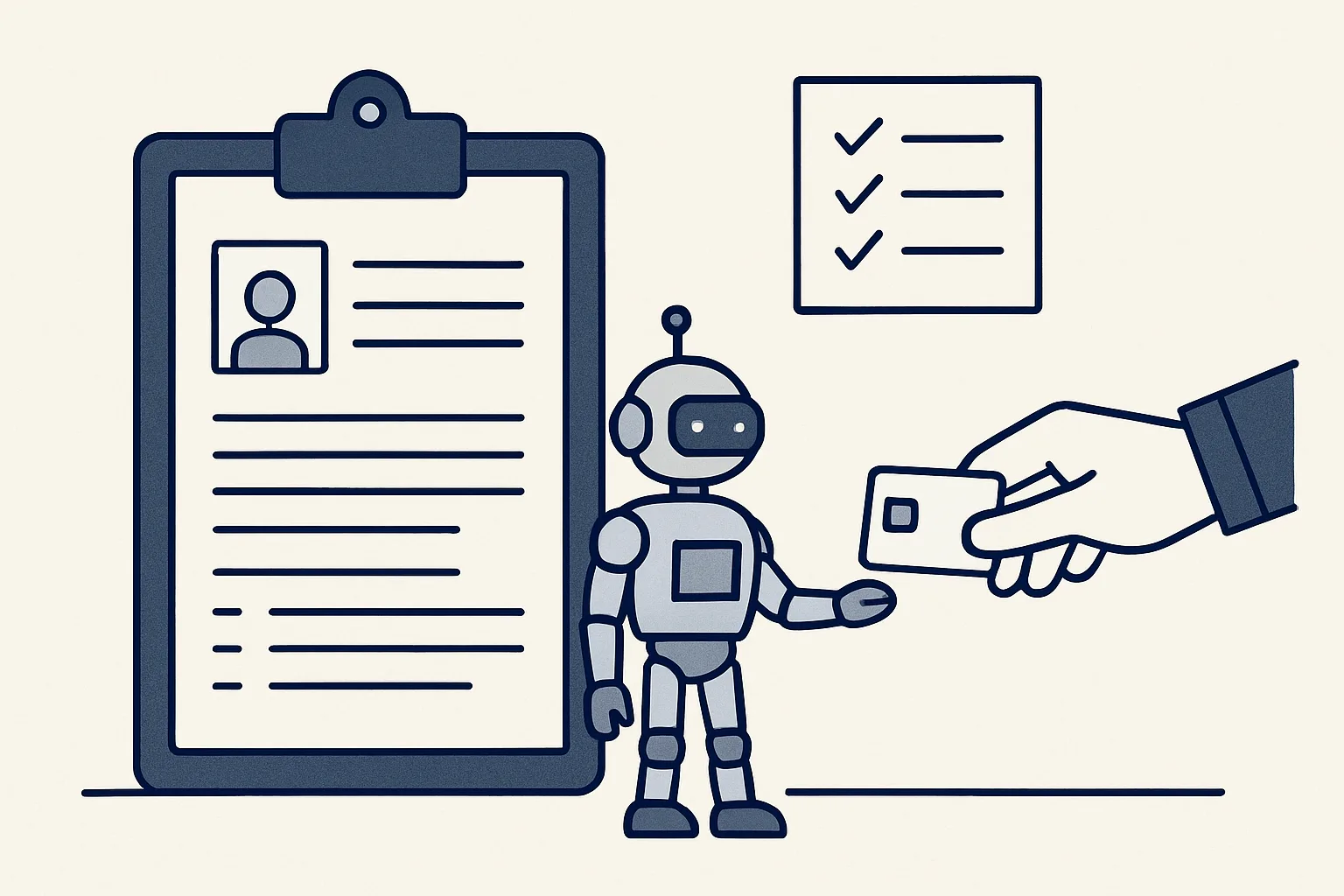 A clipboard with a job description beside a small robot figure receiving a key card, with a checklist of approvals pinned on the wall.