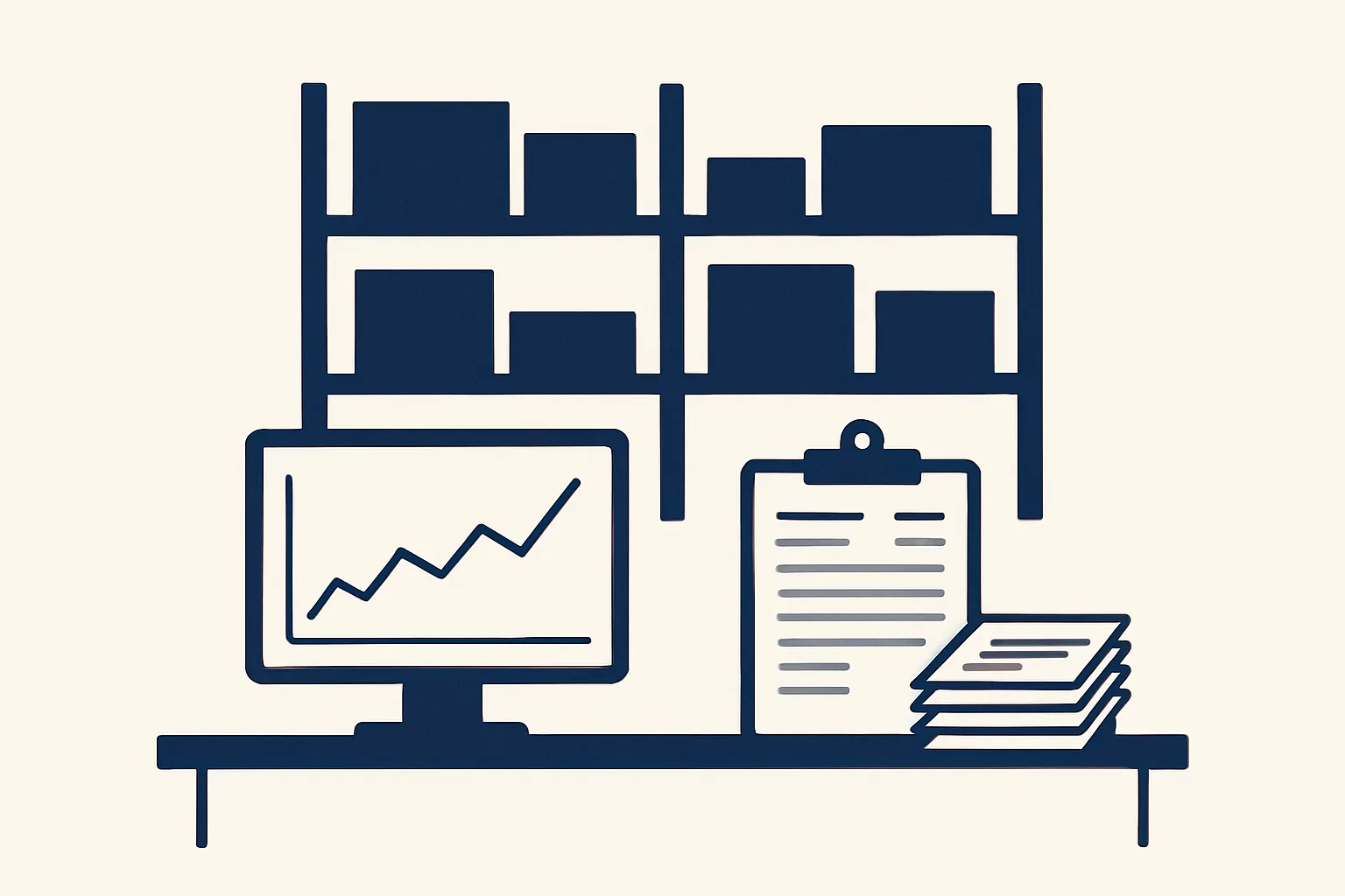 A warehouse shelving silhouette behind a desk with a price chart, a purchase order and a stack of invoices.