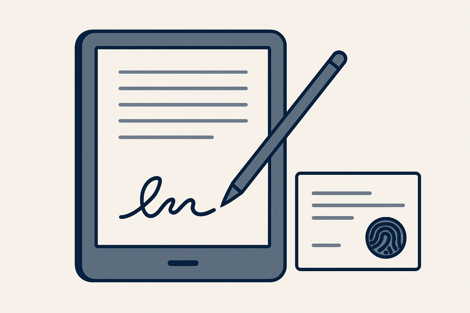 La página de un contrato en una tableta con una línea de firma y un lápiz digital, y al lado una pequeña tarjeta de certificado con un sello parecido a una huella dactilar.