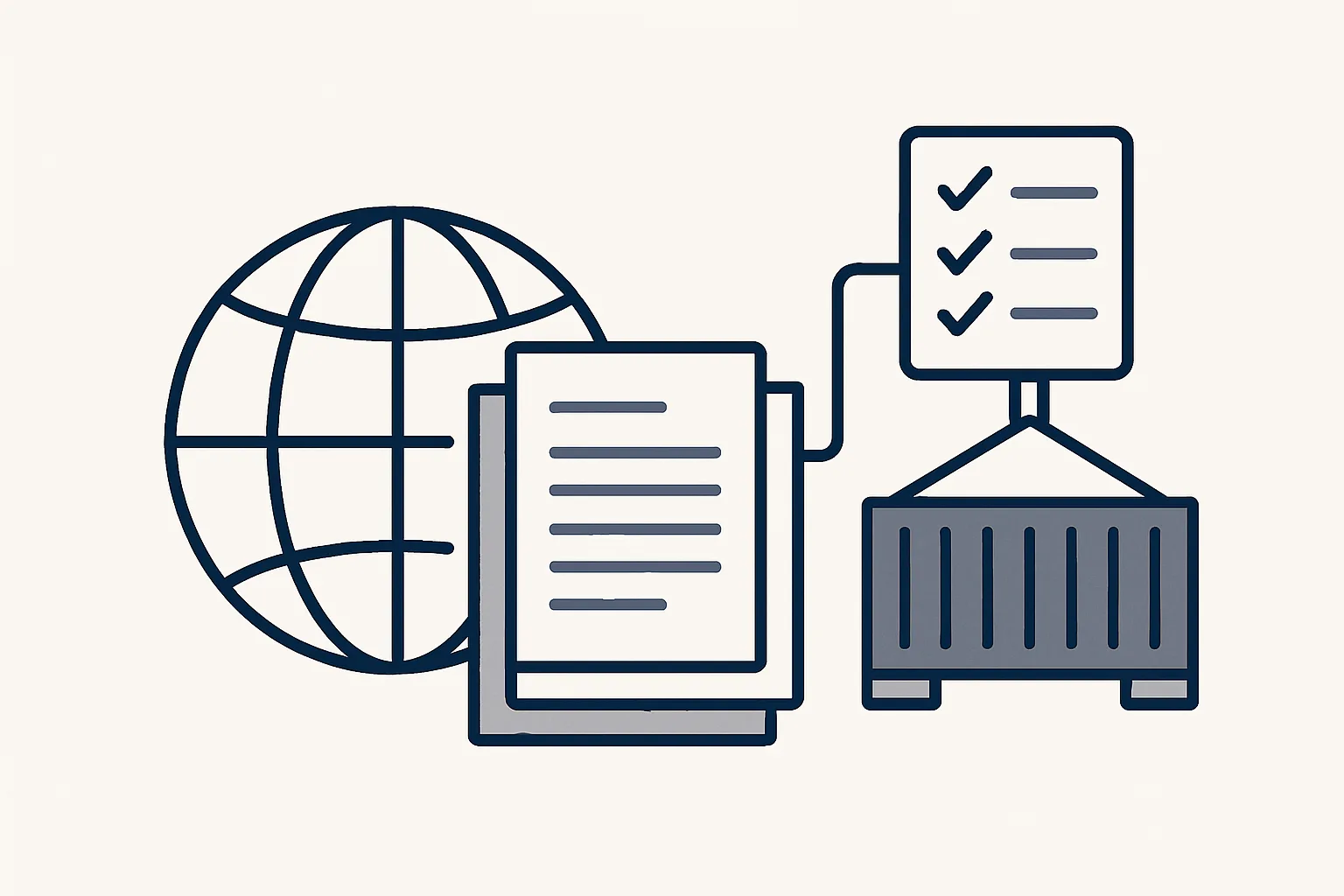 A globe outline beside a stack of trade documents and a shipping container linked to a document checklist.