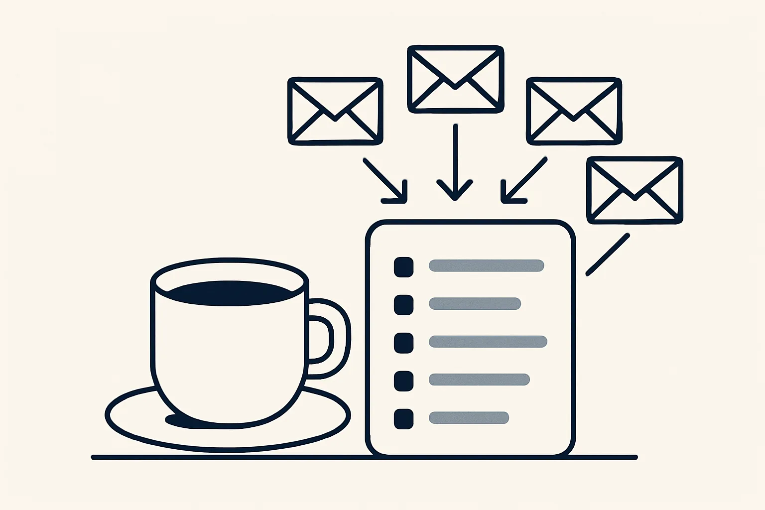 Una tazza di caffè accanto a un'unica scheda di riepilogo ordinata con i riassunti delle email raggruppati, alimentata da diverse icone di caselle di posta.