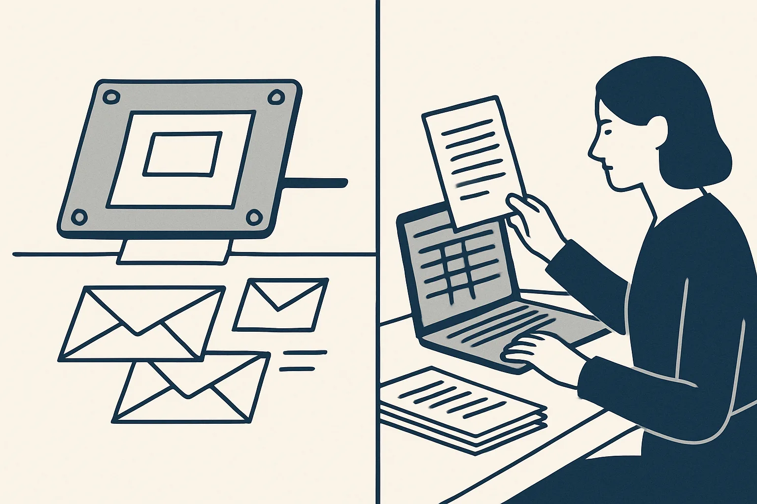 A split desk: on the left a template stamping out finished letters, on the right incoming papers being read into a data table.