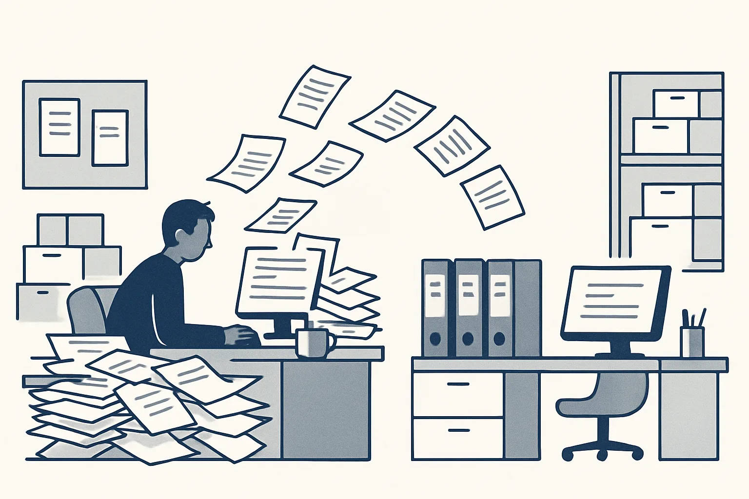 A small back office where a cluttered desk on the left turns into an orderly desk on the right, with paper invoices flowing into labelled folders.
