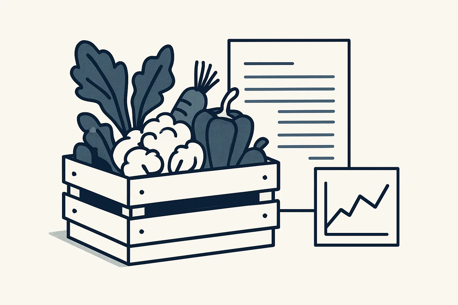 A crate of vegetables beside a supplier invoice and a small line chart of one ingredient's price over time.