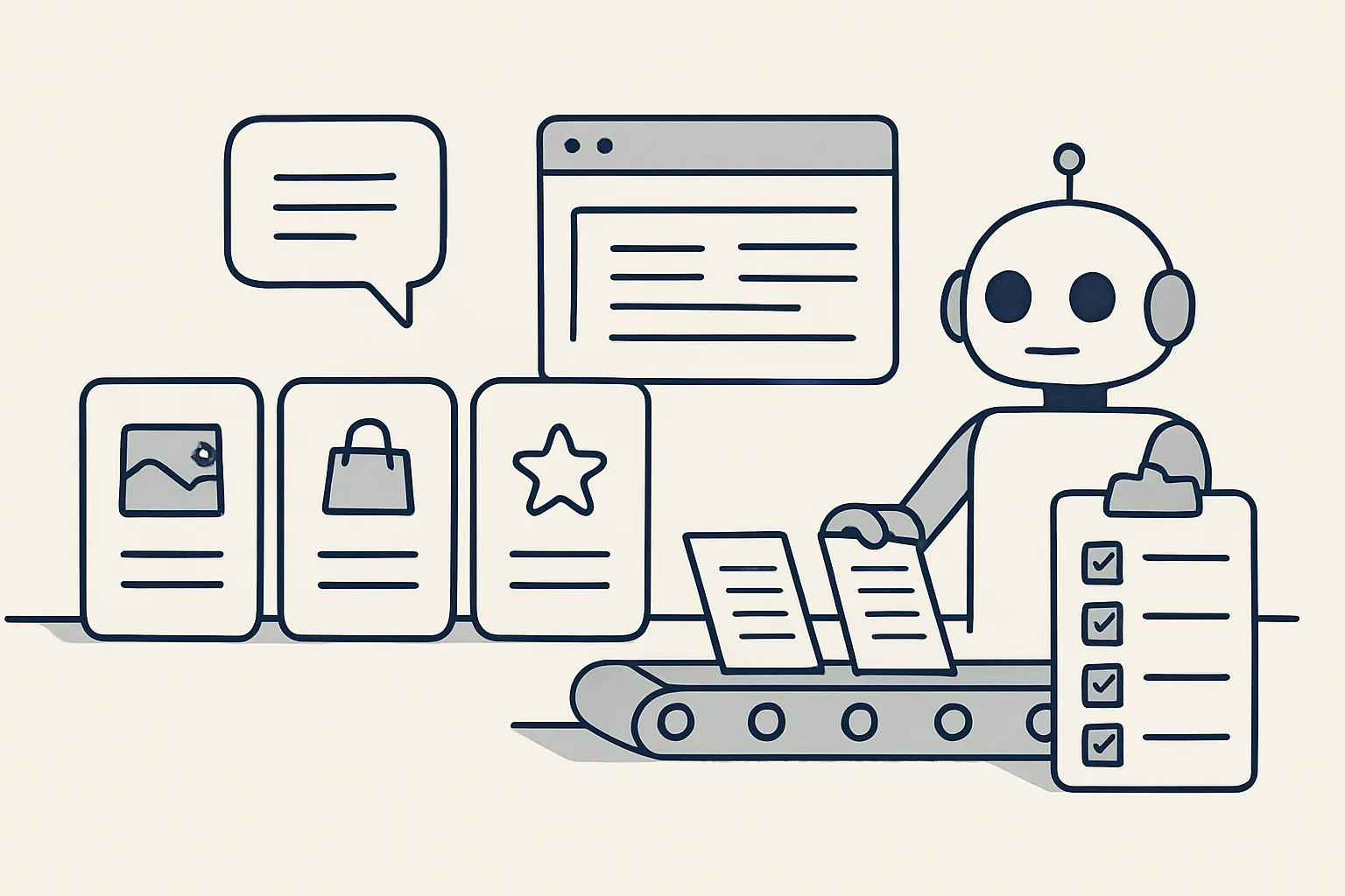 Tre schede ordinate per categoria, un fumetto di chat, una finestra di app e un robot accanto a un nastro di documenti, su un tavolo vicino a una scheda di valutazione con caselle da spuntare.