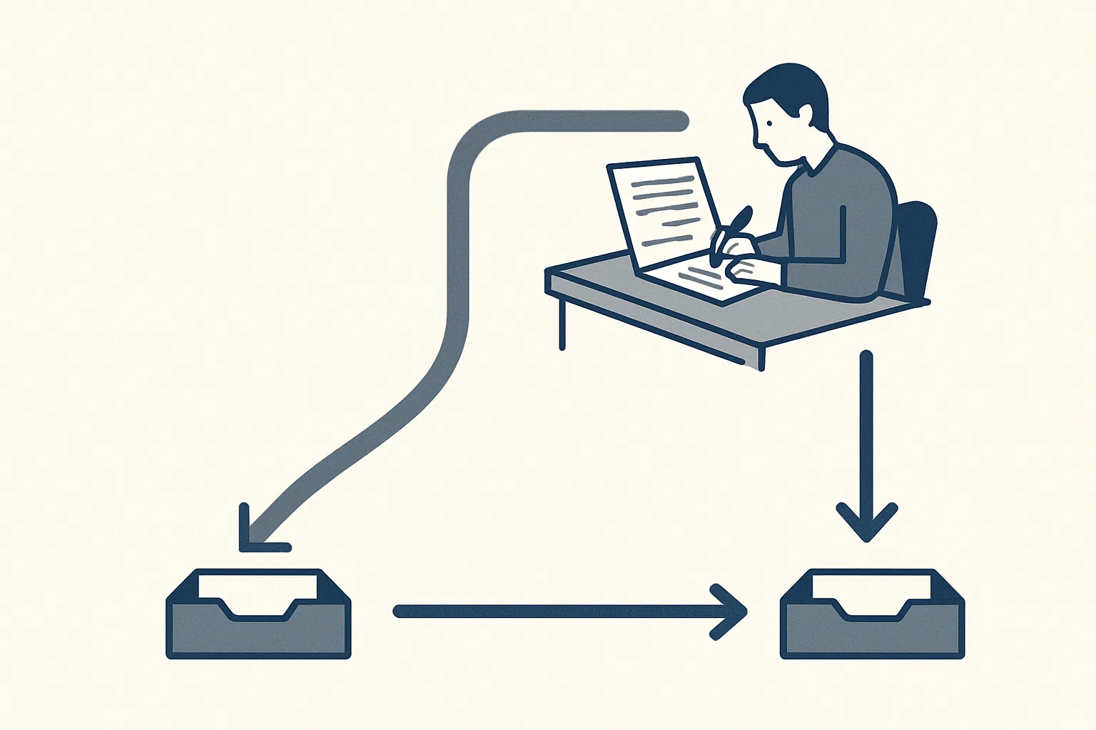 Two paths leaving an inbox: one straight arrow to an outbox, and one detour through a desk where a person reviews a draft, with the second path highlighted.
