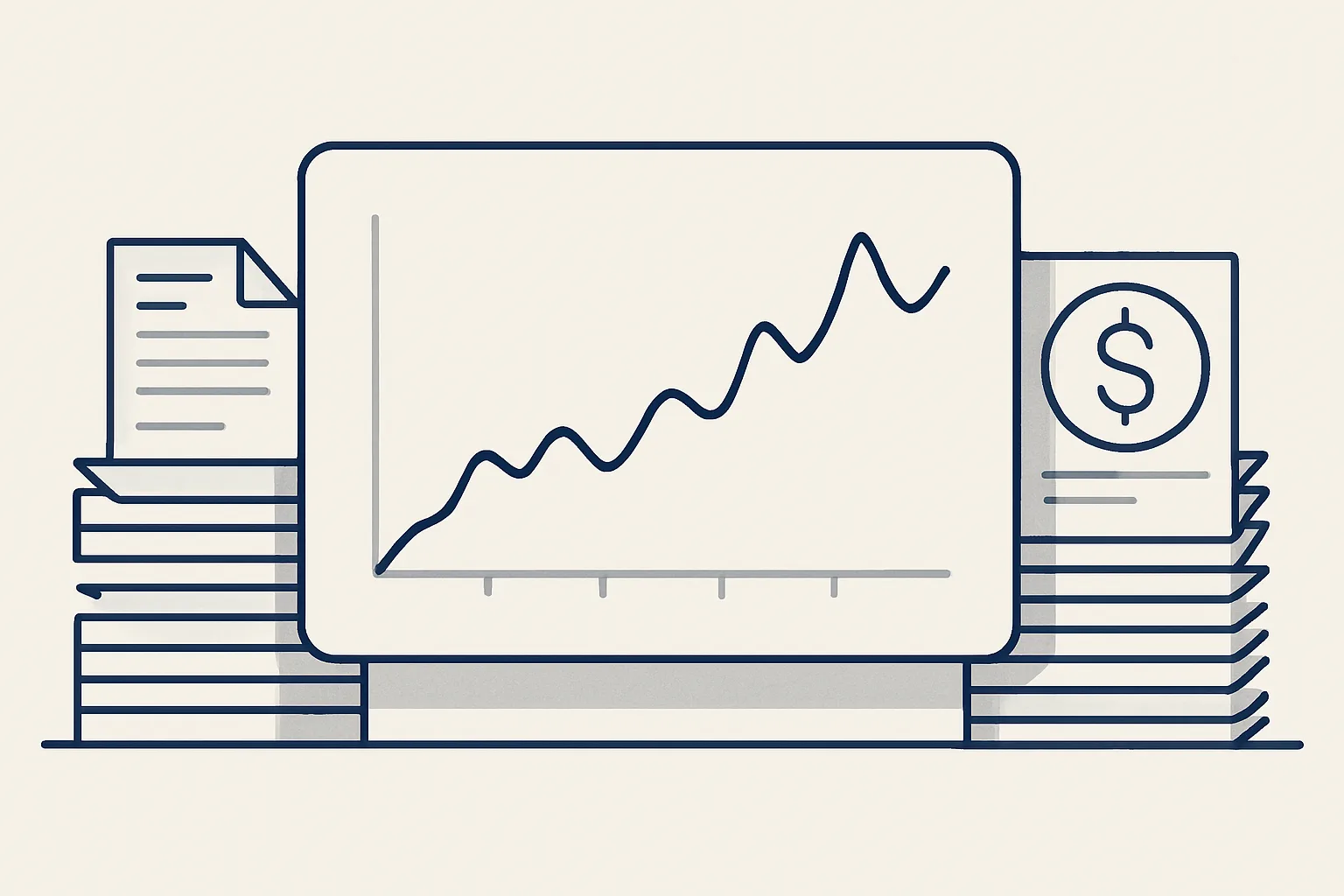A simple line chart of weekly cash on a clean dashboard card, fed from both sides by stacks of open invoices and bills.