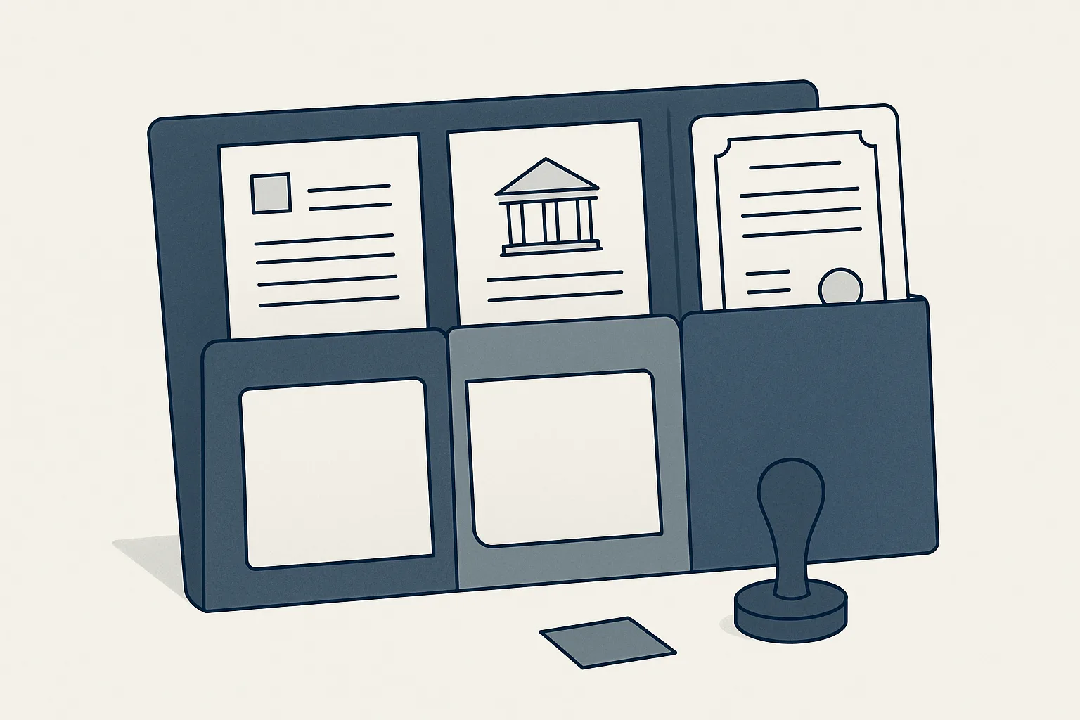 A supplier folder with document slots holding company papers, a bank letter and a certificate, one slot empty with a reminder tag, beside an approval stamp.