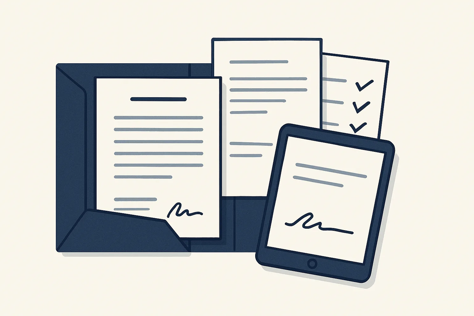 A welcome folder with a contract, forms and a checklist arranged neatly, beside a tablet showing a signature line.
