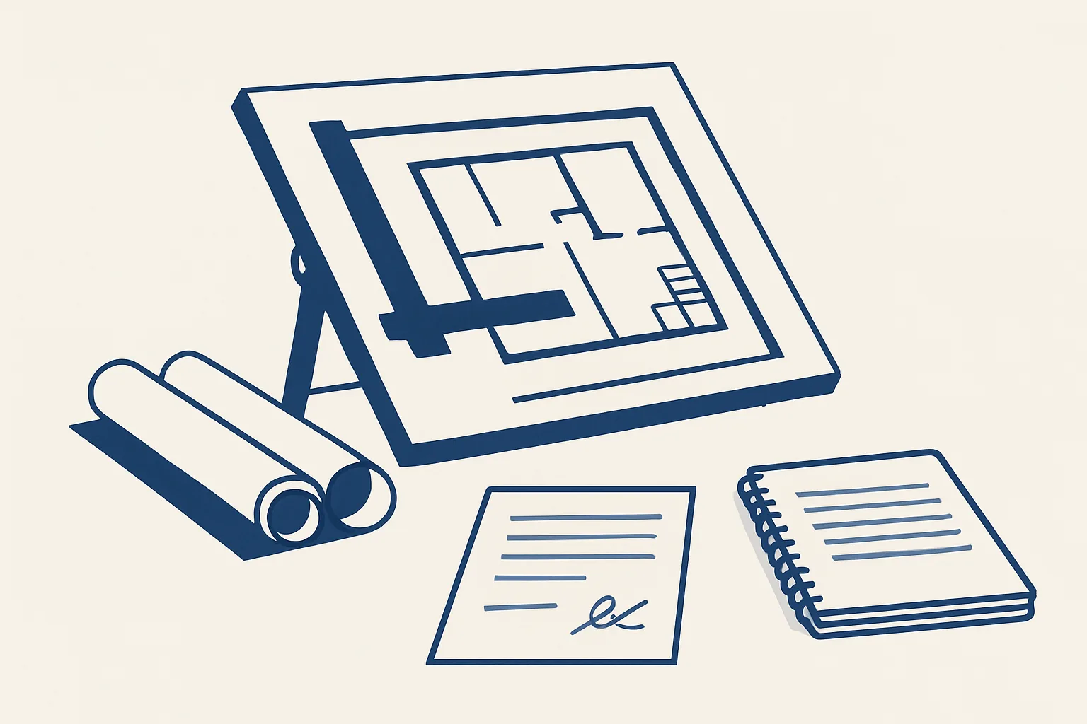 An architect's drafting table with rolled plans, beside a signed proposal page and a notebook of meeting minutes.