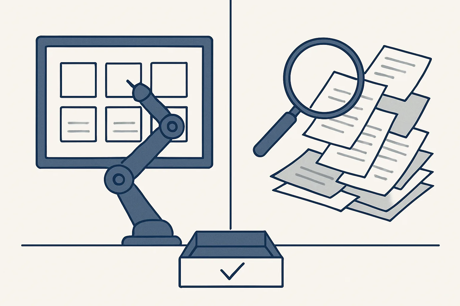 A split scene: on one side a rigid robotic arm clicking identical boxes on a screen, on the other a reading lens sorting varied papers, both feeding one approval tray.
