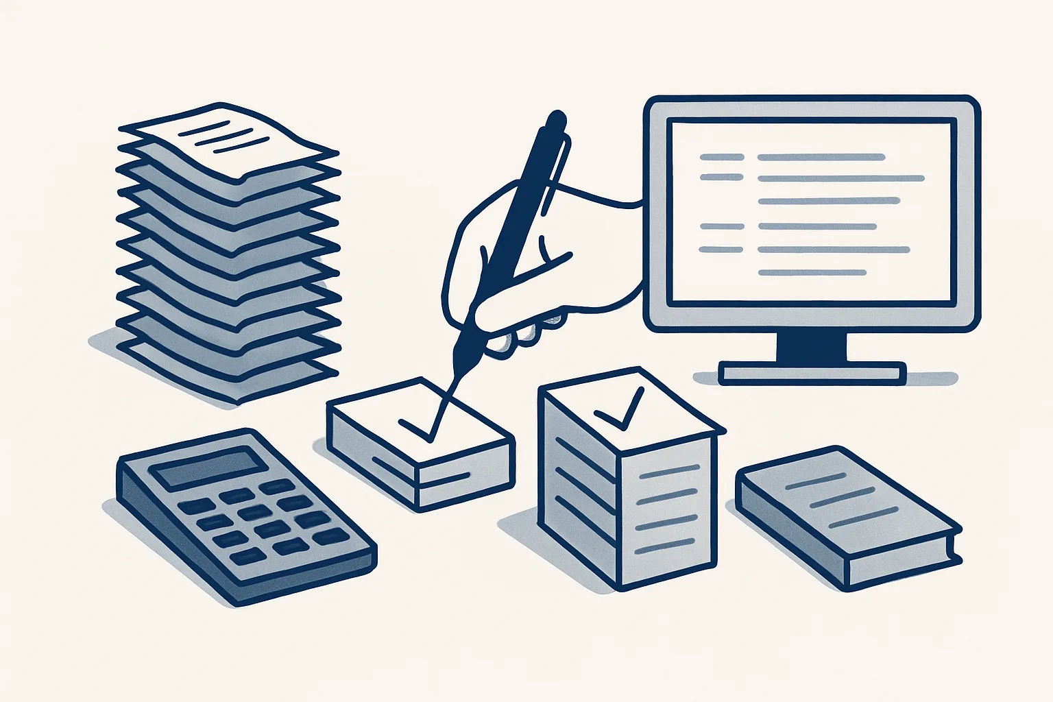 A bookkeeper's desk where piles of receipts shrink into neat draft entries, while a reviewer's pen and approval check marks stay at the center.