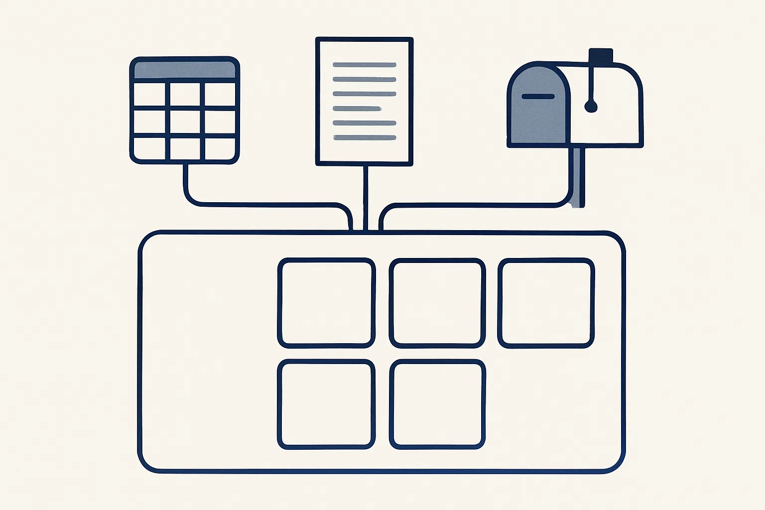 A clean dashboard card with five plain tiles, fed by thin lines from a spreadsheet, a ledger and a mailbox.