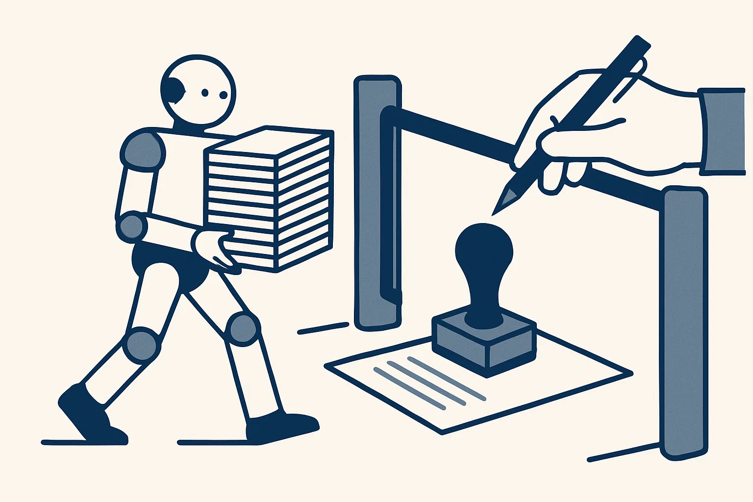 A simple robot figure preparing a stack of finished drafts and stopping at a gate where a human hand holds a pen over an approval stamp.