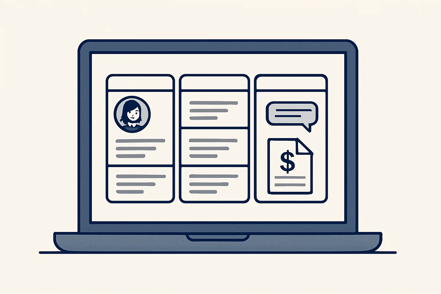 A laptop showing a project board with client task cards, a short message thread and a small invoice icon.
