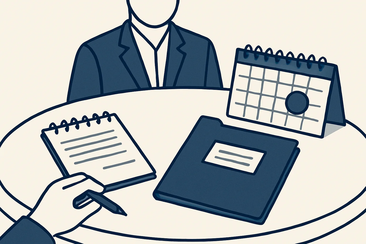 Una mesa de reuniones con un bloc de notas con una lista de acciones, una carpeta de documentos de un cliente y un calendario con una fecha de revisión marcada.