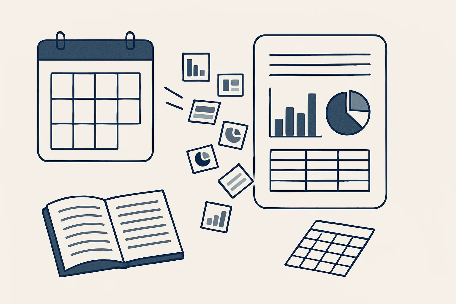 A weekly calendar beside a report document assembling itself from small chart and table tiles flowing in from a ledger and a sheet.