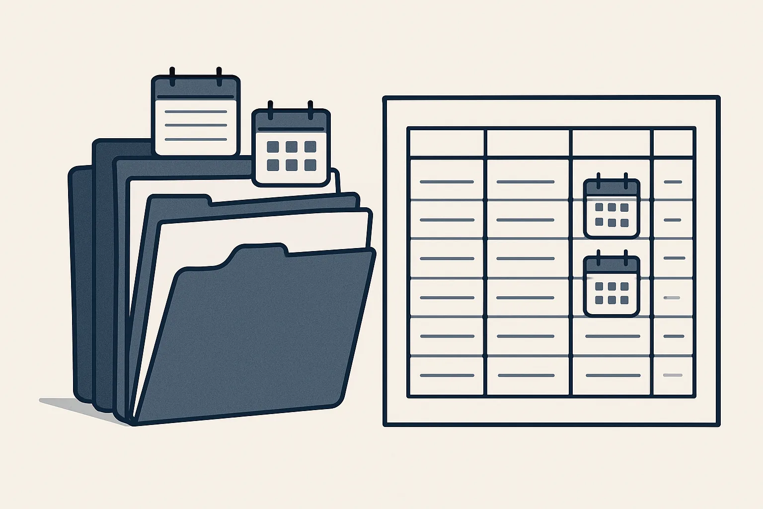 A stack of policy folders with small calendar tags beside a register table listing renewal dates.