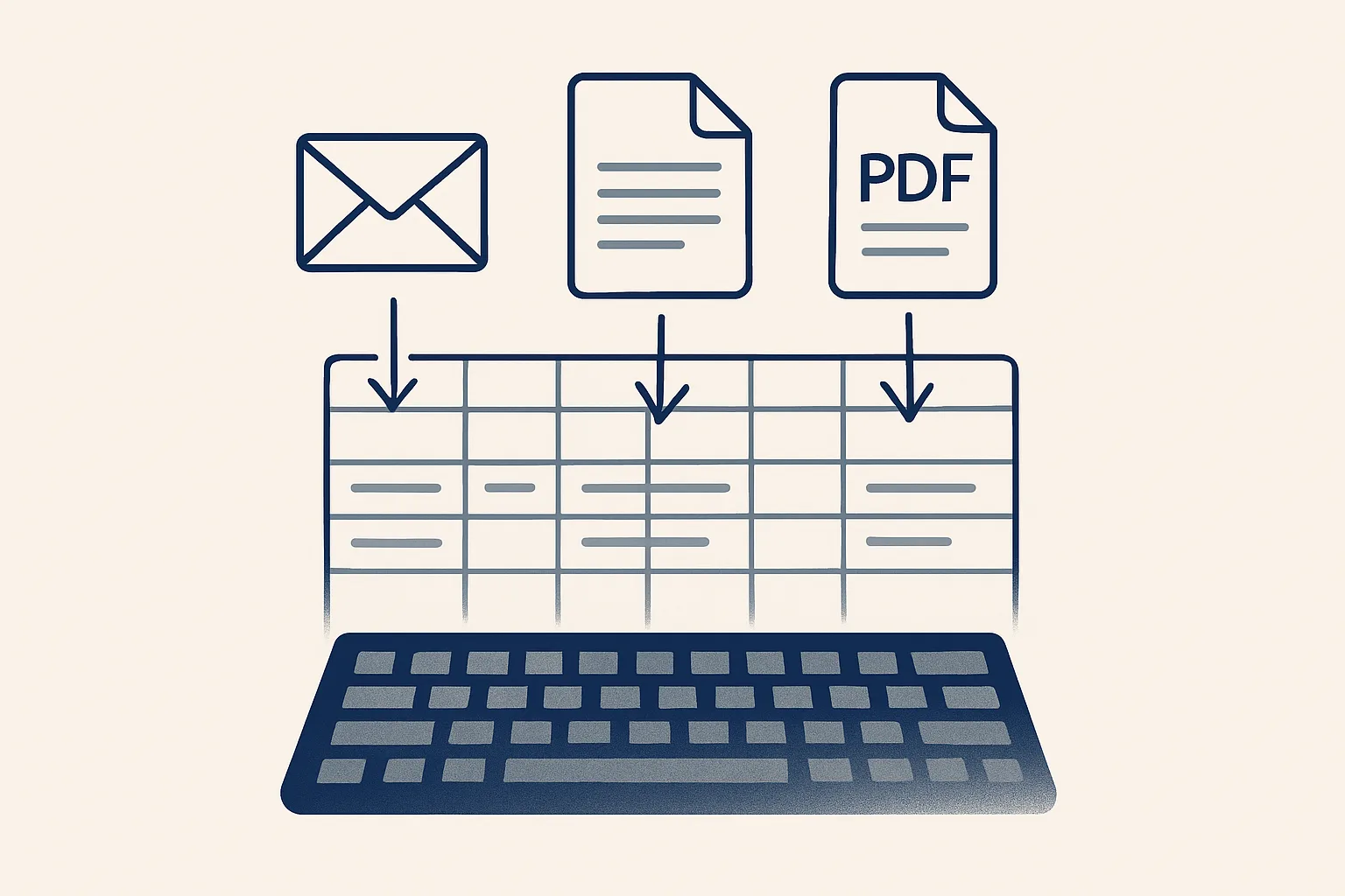 A keyboard fading out while emails and PDF documents feed fields straight into a spreadsheet grid.