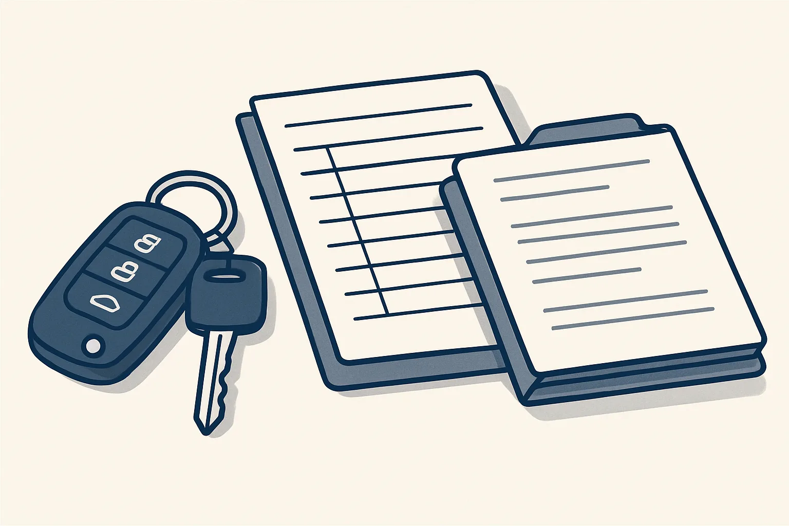 Una chiave d'auto su una scrivania accanto a un registro delle richieste e a una cartella di documenti di vendita.