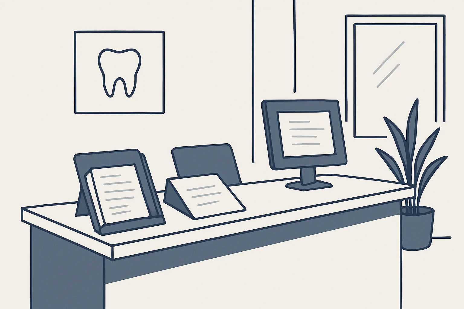 An empty dental practice reception counter with a tidy folder of supplier invoices and a staff onboarding pack.