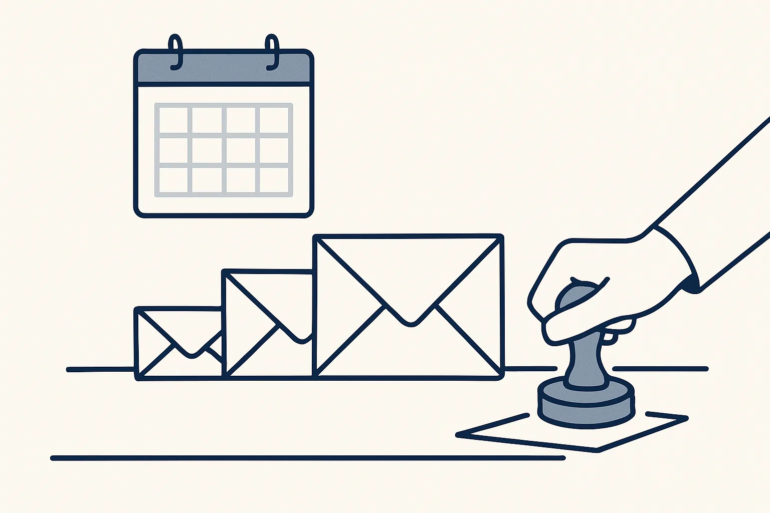 A calendar with three staggered envelope icons of increasing emphasis, each waiting on a person's desk for a send stamp.