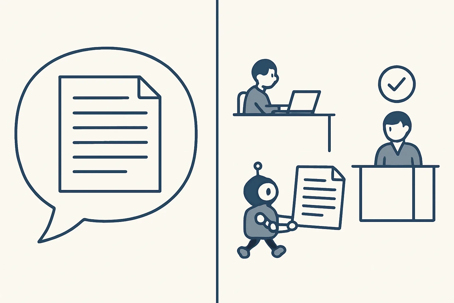 Two panels: a speech bubble producing a page of text, and a small robot carrying that page through a row of office stations to an approval desk.