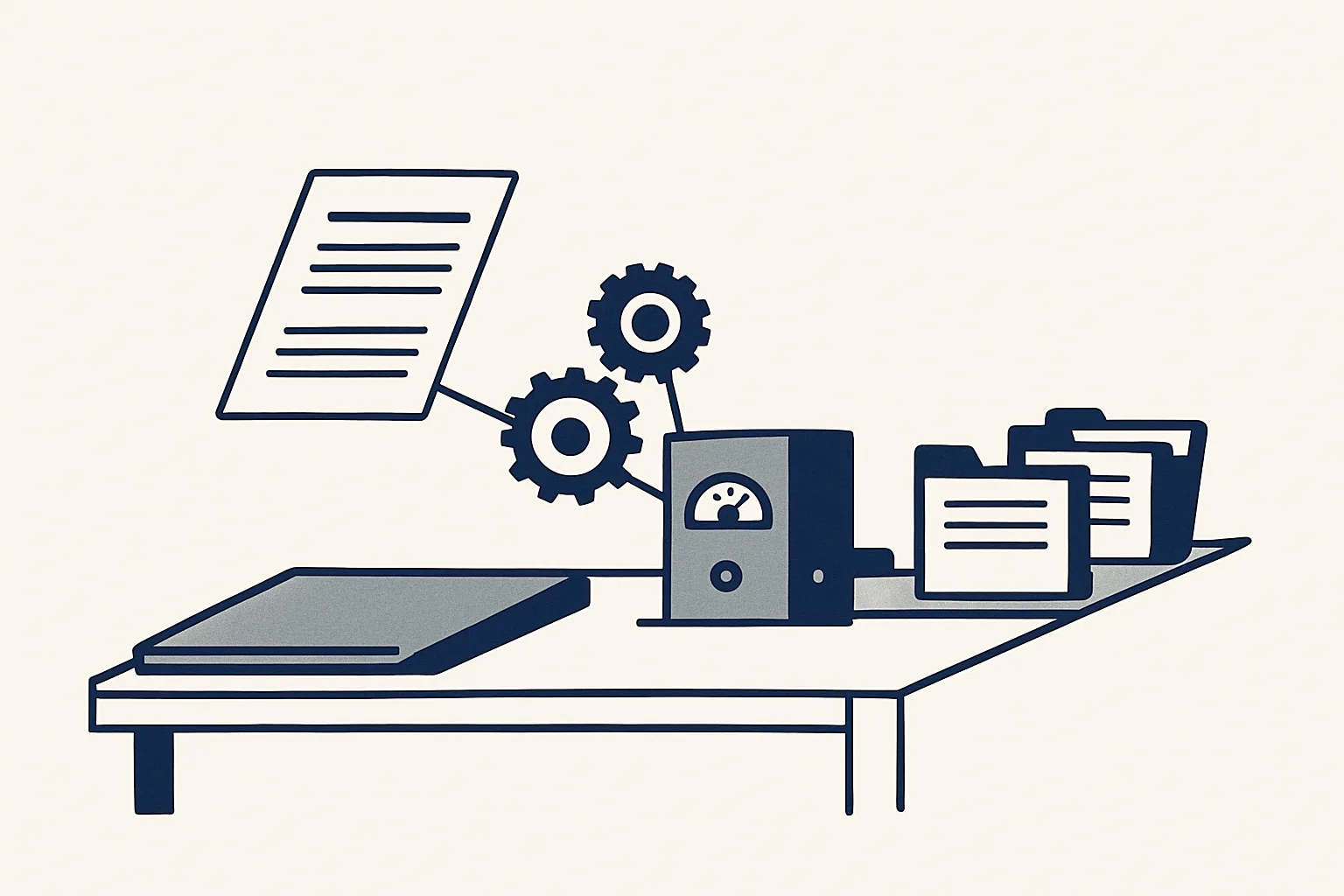 A consultant's report lying on a desk, its pages turning into a small working machine of gears and folders, drawn in navy and slate grey on a white background.