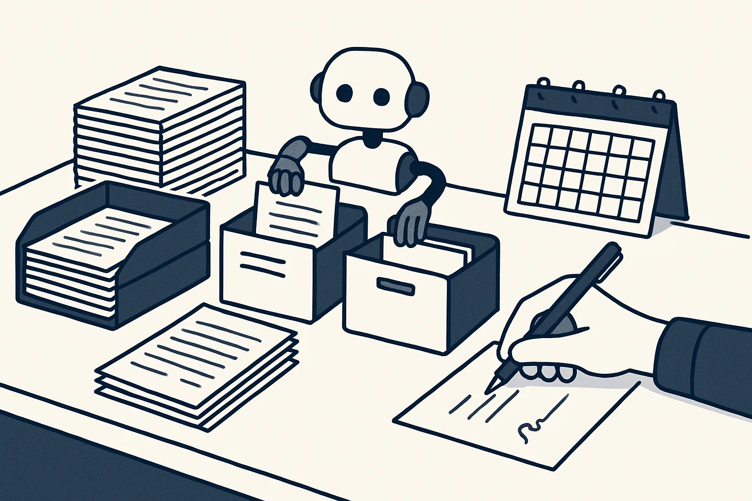 An office desk with stacks of invoices, an inbox tray and a calendar, where small robot hands sort papers into labelled folders while a person signs.