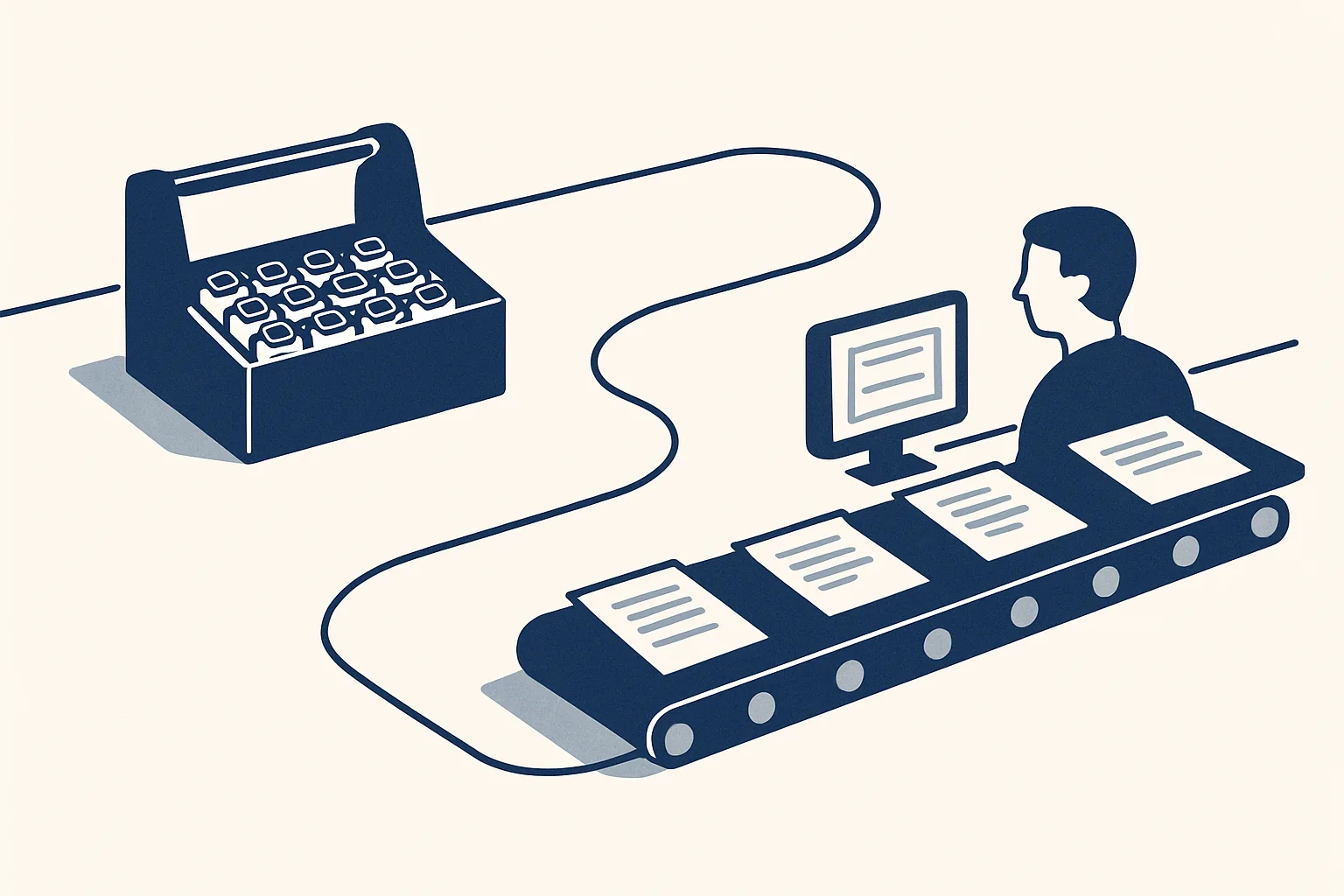 Two paths on a desk: on one side an open toolbox with connector blocks, on the other a finished conveyor carrying documents, in navy and slate grey on white.