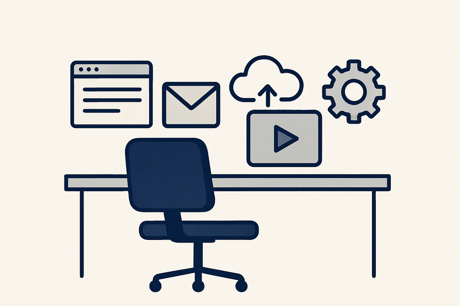A workbench holding a set of simple digital tool icons, with an empty chair beside it outlined like a person, suggesting that someone has to run the tools.